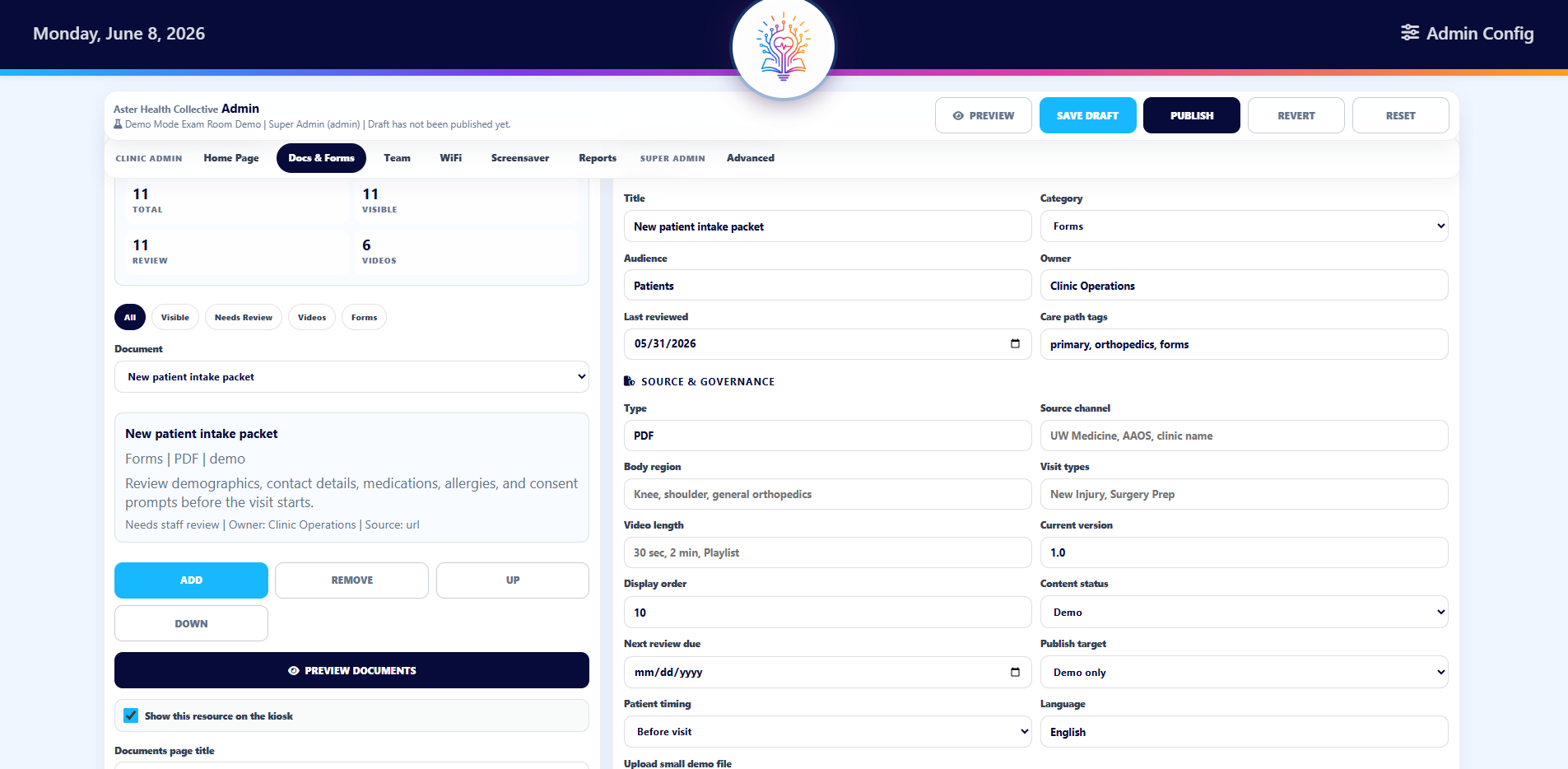 LuminaTouch admin configuration screen for documents, forms, and content governance