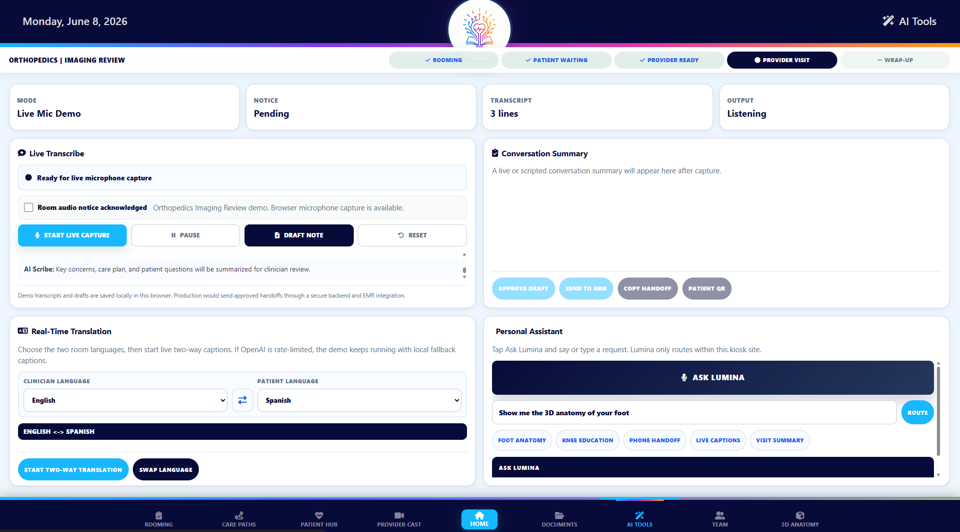 LuminaTouch AI tools screen with transcription, translation, and assistant modules