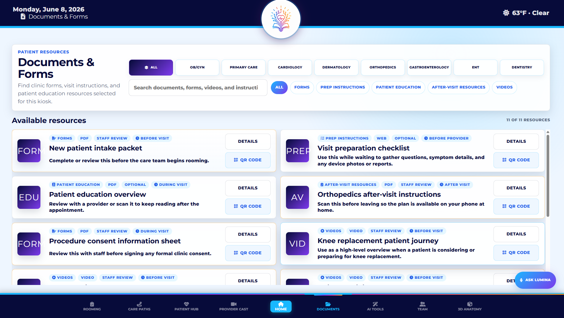 LuminaTouch documents and forms screen with specialty filters, patient resources, and QR code actions