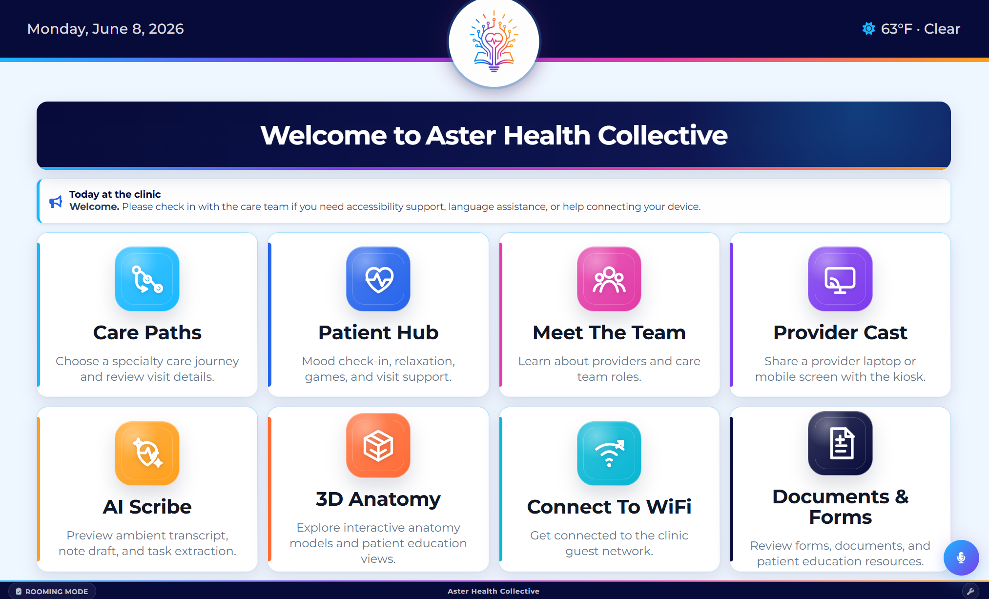 LuminaTouch exam room home screen with care paths, patient hub, team, provider cast, AI tools, 3D anatomy, WiFi, and documents