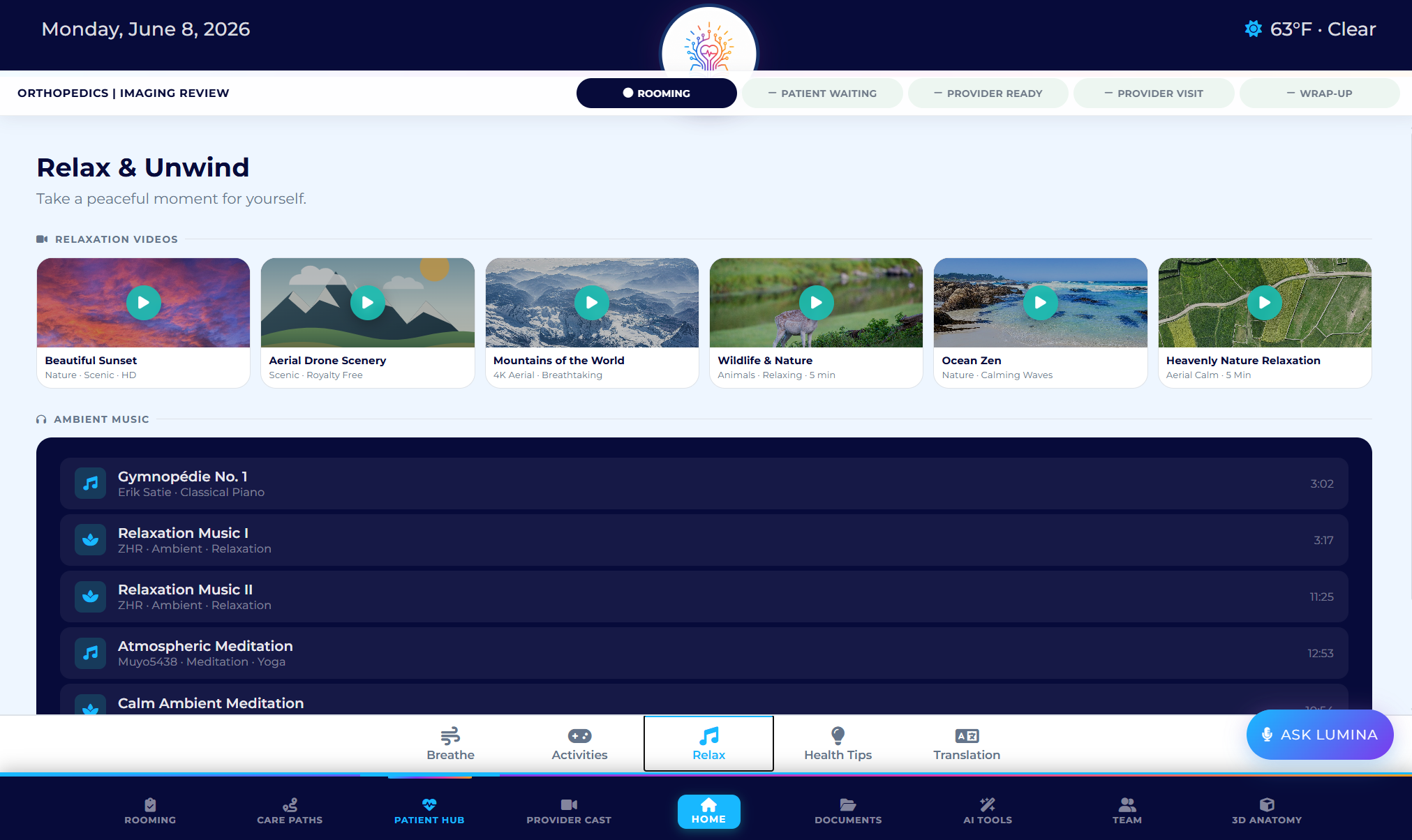 LuminaTouch patient hub relaxation screen with videos and ambient music