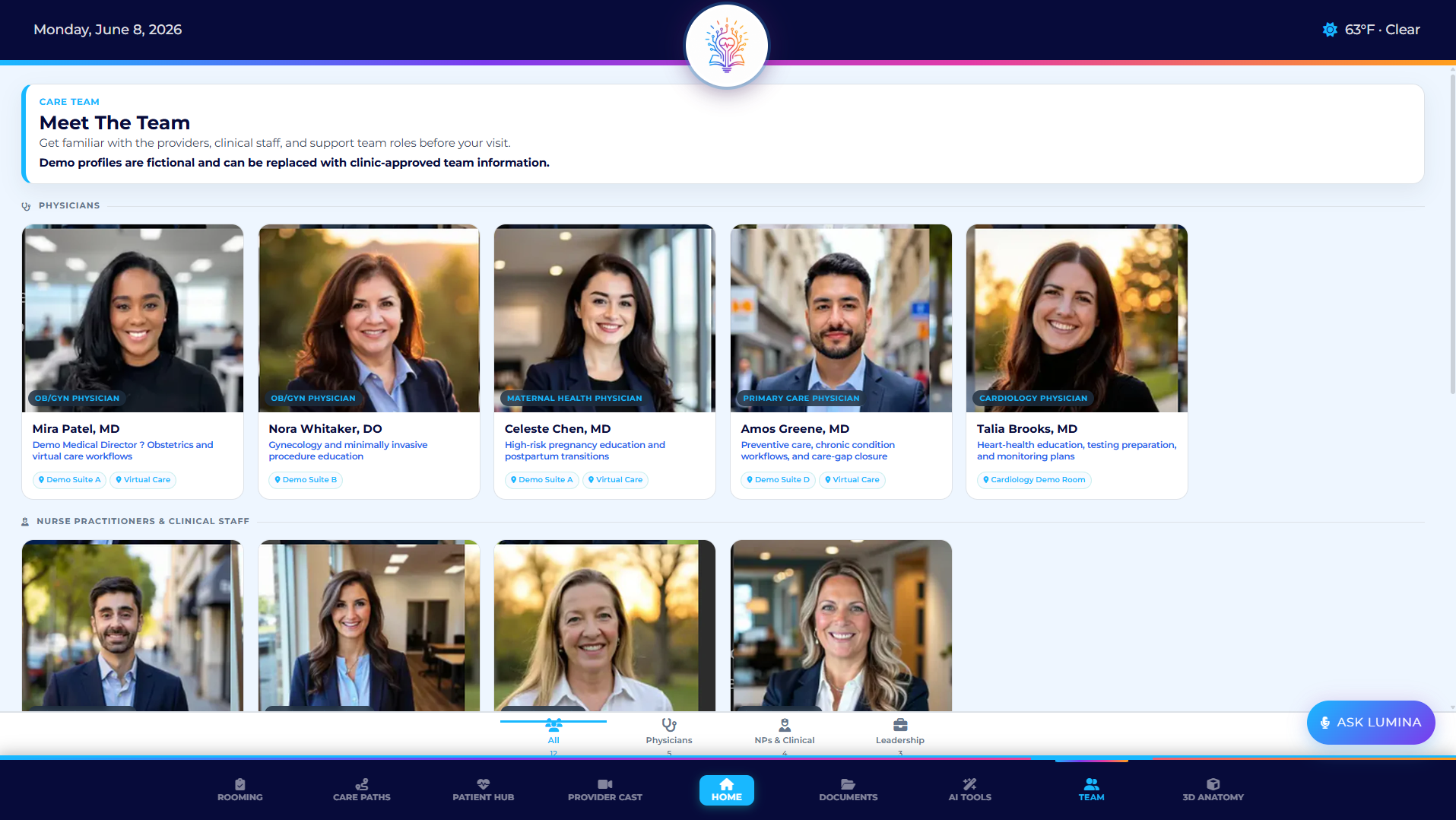 LuminaTouch team directory screen with provider and clinical staff profiles